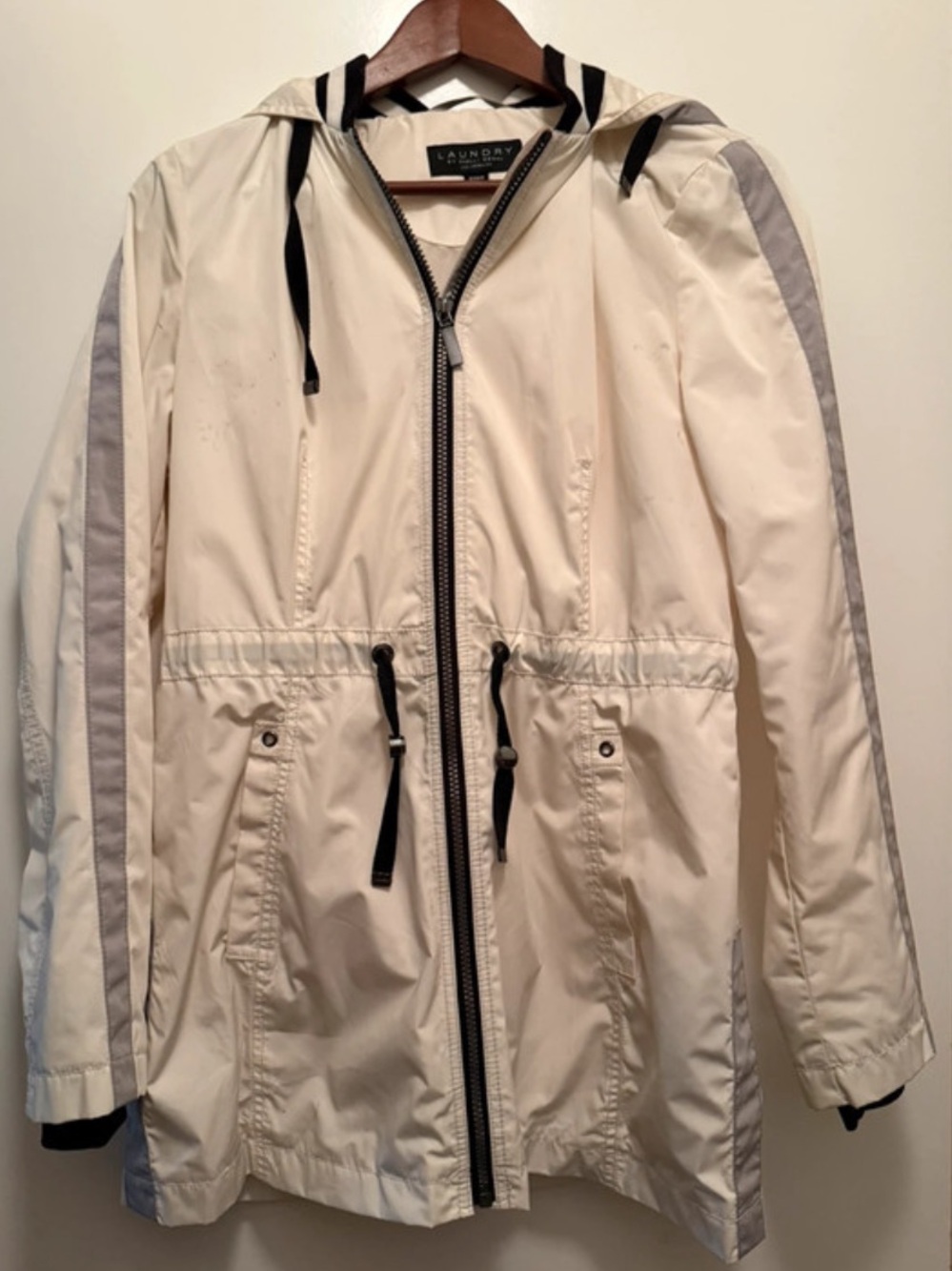 Laundry By Shelli Segal Cream Hooded Utility Jacket with Gray Stripe